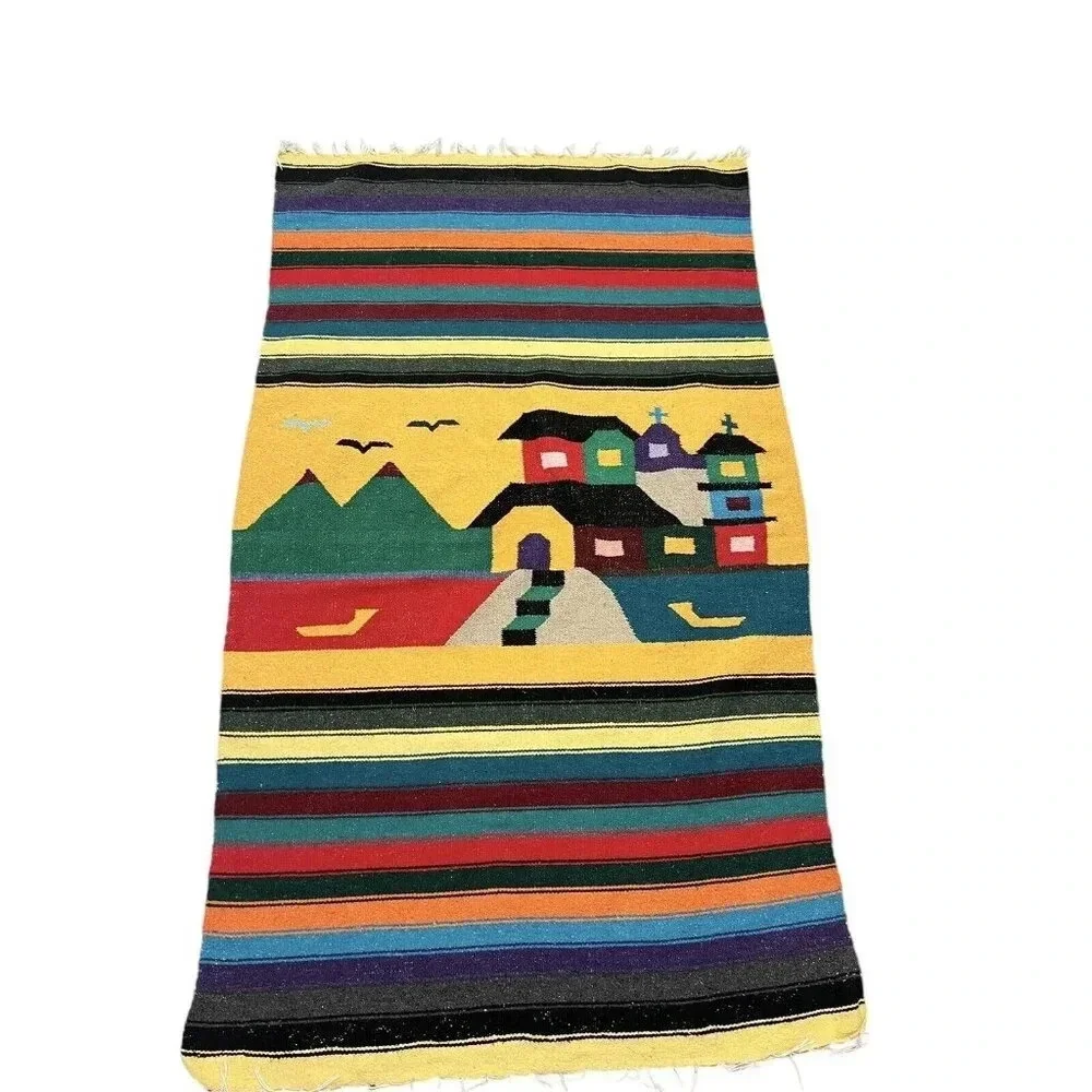 VTG Southwest Tapestry Woven Blanket Church Town Birds Pueblo Mexico Color Block